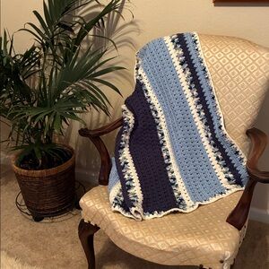 Handmade Blue and White Striped Crochet Blanket